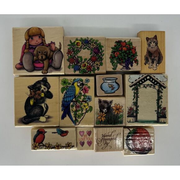 Vintage 1998 Sky‎ Kids Inc. Mixed Figures Wood Mounted Rubber Stamp Lot Of 13 - Picture 1 of 4